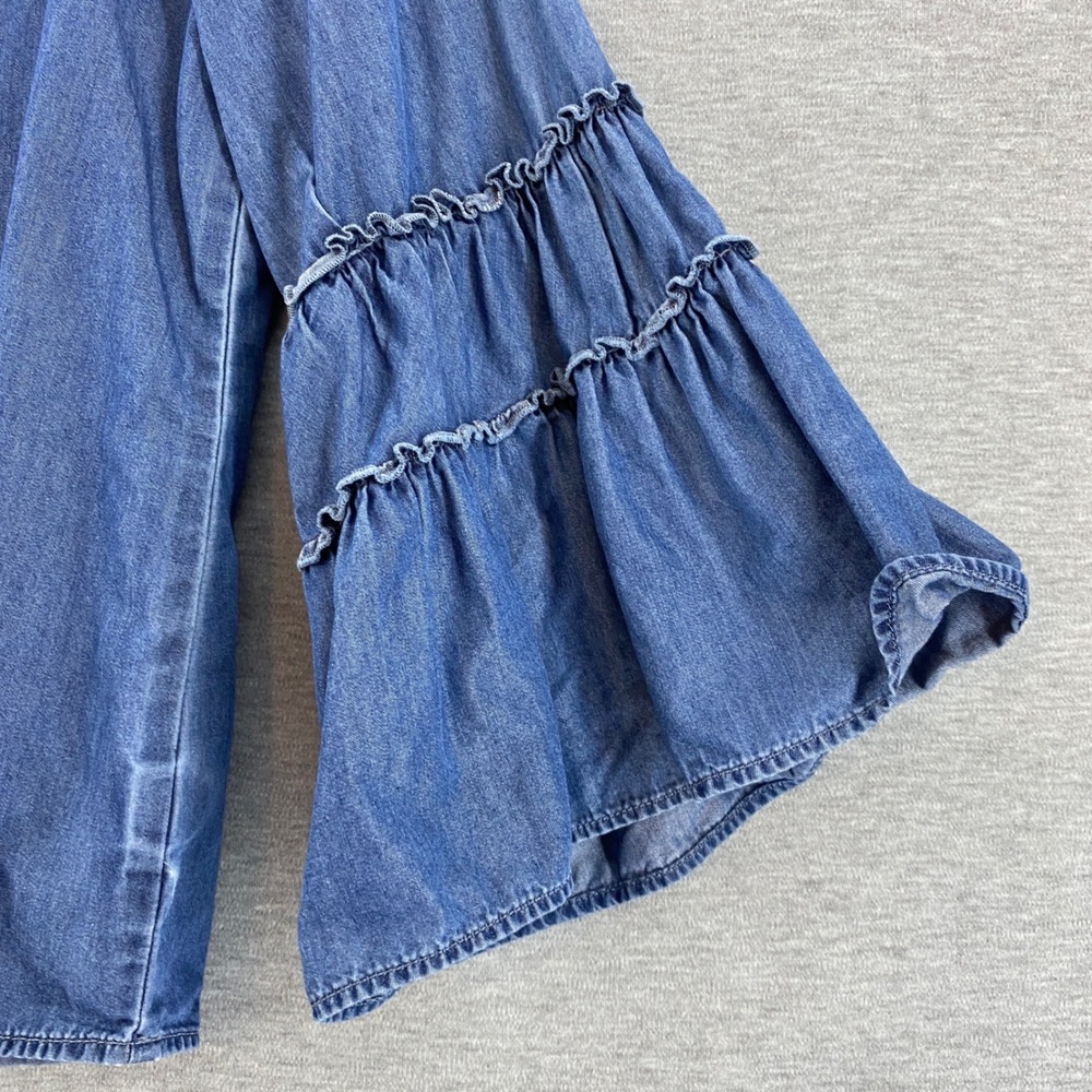 Express‎ Embroidered Denim Bell Sleeve Boho Blue Floral Ruffle Flare Long Sleeve - Picture 5 of 8